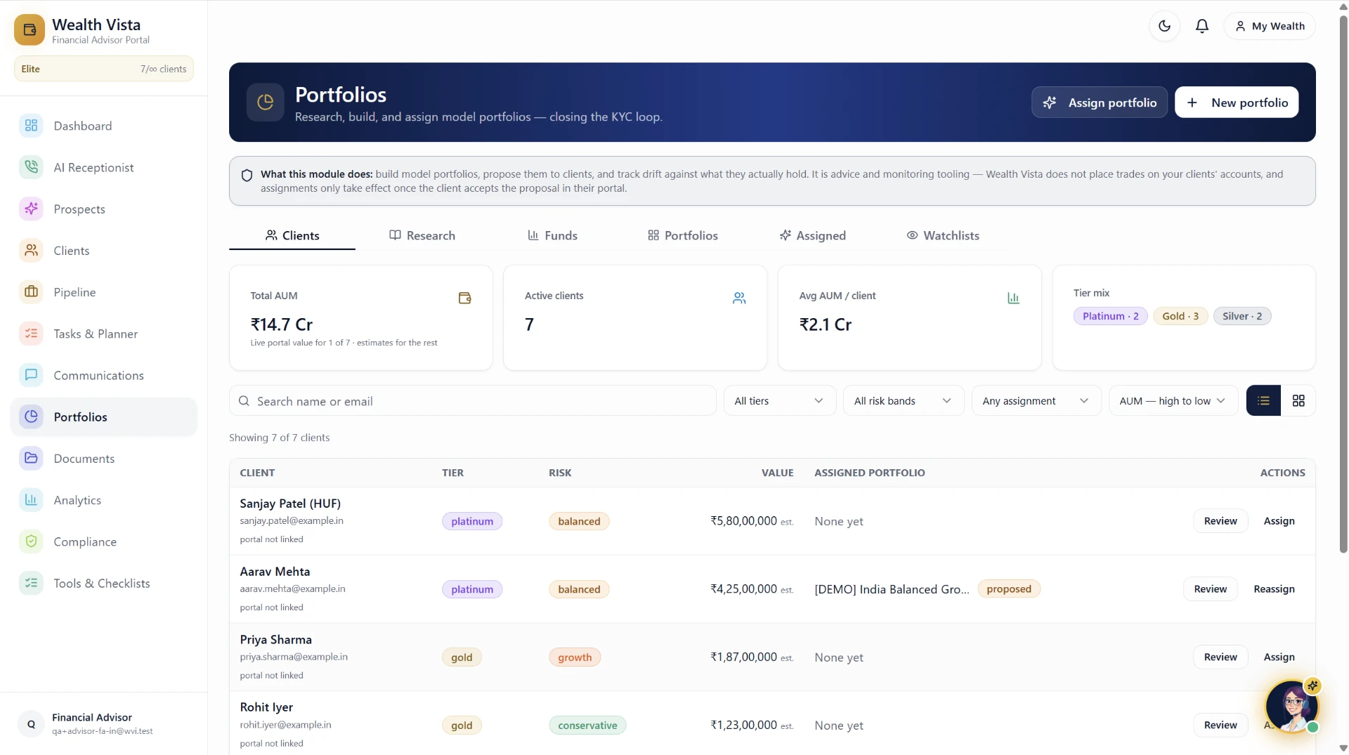 Wealth Vista model portfolios module with tier mix and client assignments