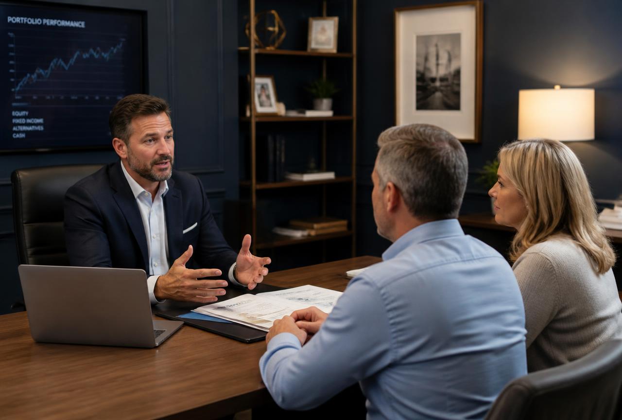 A financial advisor meeting clients in an office