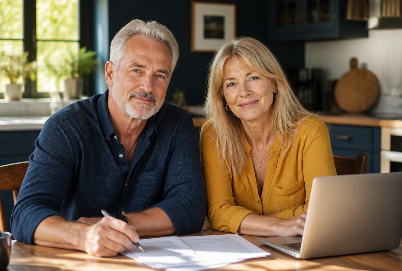 A couple in their sixties reviewing their retirement plan at a kitchen table