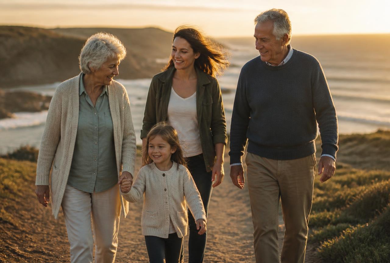 Three generations of a family walking together at sunset