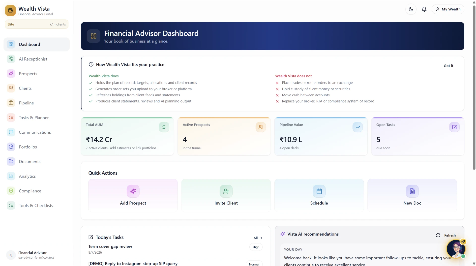 Wealth Vista financial advisor dashboard with book-of-business metrics and quick actions