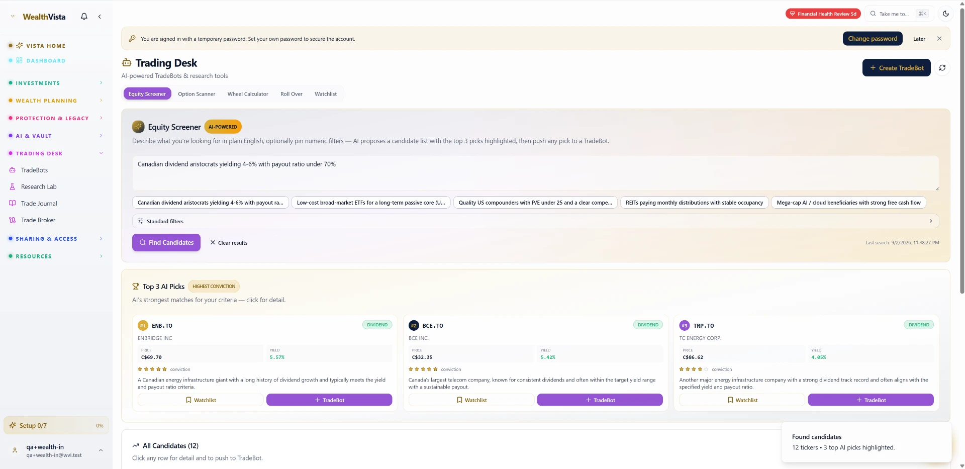 Trading Desk in Wealth Vista showing the AI equity screener and top AI picks