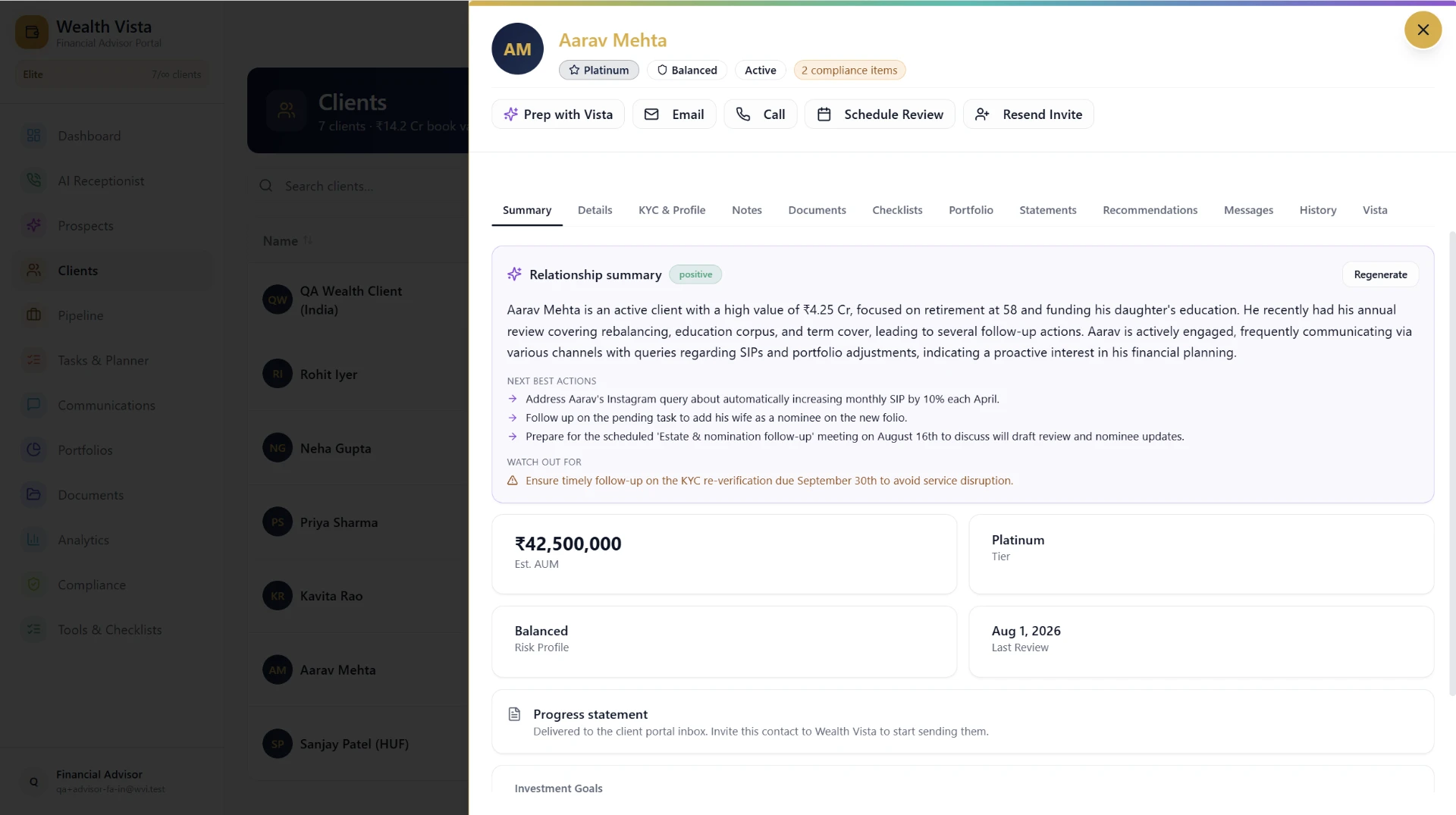 Wealth Vista client 360 view with AI relationship summary and next best actions